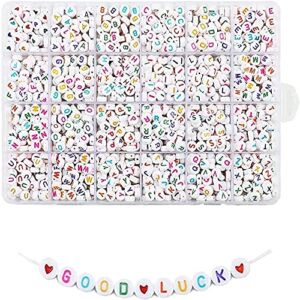 Quefe 1680pcs 4 x 7mm Letter Beads White Round Acrylic Colorful Alphabet Beads for Jewelry Making Bracelets Necklaces Key Chains, Each Letter Included