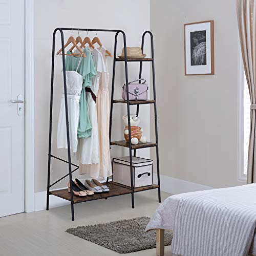 Finnhomy Rustic Clothes Rack, Clothing Rack for Hanging Clothes Heavy Duty Garment Rack with 5 Wood Shelves Freestanding Portable Closet Organizer for Bedroom/ Entryway / Boutiques，Matte Black | The Storepaperoomates Retail Market - Fast Affordable Shopping