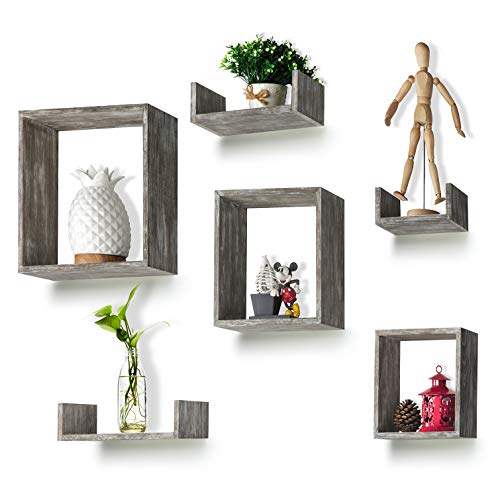RR ROUND RICH DESIGN Floating Shelves Set of 6 – Rustic Wood Wall Shelves with 3 Square Boxes and 3 Small U Shelves for Free Grouping Driftwood Finish | The Storepaperoomates Retail Market - Fast Affordable Shopping