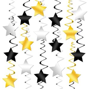 Black, Gold and Silver Star Hanging Swirls – Pack of 30 | Black and Gold Party Decorations, Retirement Party Decorations | Hollywood Party Decorations, Movie Night Decorations, Oscar Party Decorations