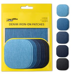 ZEFFFKA Premium Quality Denim Iron-on Jean Patches Inside & Outside Strongest Glue 100% Cotton Assorted Shades of Blue Black Repair Decorating Kit 10 Pieces Size 4-1/4″ by 3-3/4″ (9.8 cm x 10.8 cm)