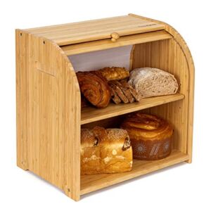 Goodpick Bamboo Bread Storage Box Double Layer Large Wood Bread Boxes for Kitchen Countertop Bread Bin Smoothly Slide Door Roll Top Bread Vintage Bread Container 15.75 x 13.97 x 9.8 in Self Assembly
