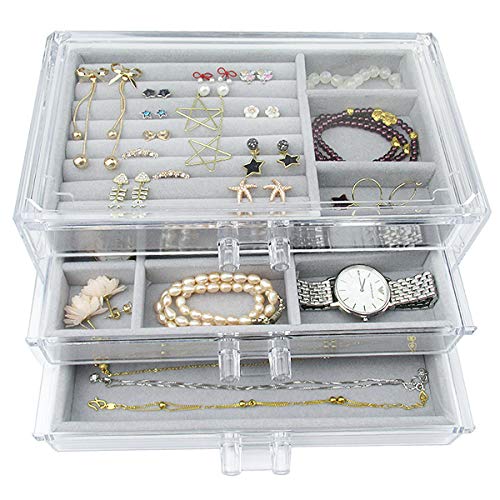 Acrylic Jewelry Box 3 Drawers, Velvet Jewellery Organizer, Earring Rings Necklaces Bracelets Display Case Gift for Women, Girls | The Storepaperoomates Retail Market - Fast Affordable Shopping