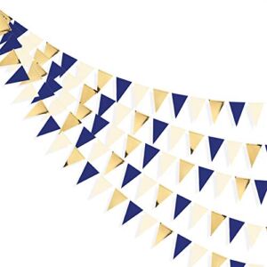30 Ft Navy Blue Beige Gold Party Decorations Hanging Paper Triangle Flag Pennant Banner Bunting Garland for Bachelorette Engagement Wedding Birthday Baby Bridal Shower Anniversary Hen Party Supplies