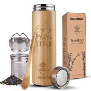 17oz Bamboo Tea Tumbler with Infuser & Strainer | Tea Gift Set For Tea Lovers Women, Tea Infuser Insulated Bottle & Loose Tea Thermos | Tea Travel infuser & Tea Infusing Travel Bottle, Bamboo Infuser