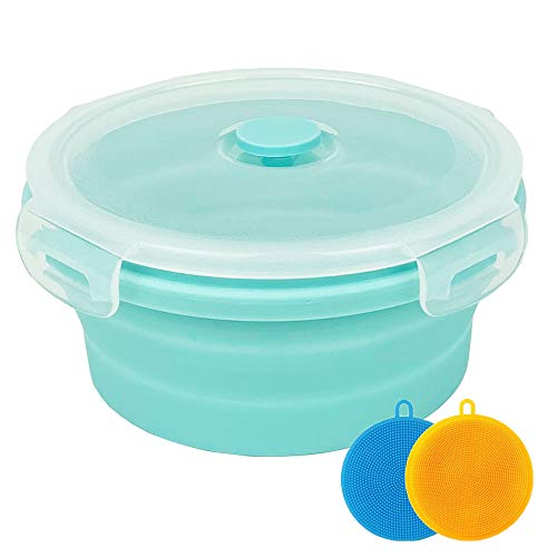 Small Collapsible Bowl Silicone Collapsible Container Food Storage Containers Collapsible Camping Bowl for Travel Camping Hiking with Airtight Plastic Lids and 2Pack Silicone Dish Sponges- Blue, 350ml | The Storepaperoomates Retail Market - Fast Affordable Shopping
