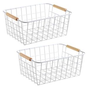 LeleCAT wire white baskets with Wooden Handles Storage Organizer Baskets, Household Refrigerator for Cabinets, Pantry, Closets, Bedrooms, kitchen – Set of 2（White）