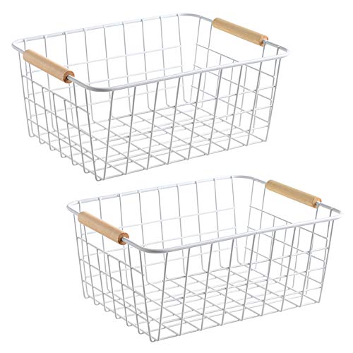 LeleCAT wire white baskets with Wooden Handles Storage Organizer Baskets, Household Refrigerator for Cabinets, Pantry, Closets, Bedrooms, kitchen – Set of 2（White） | The Storepaperoomates Retail Market - Fast Affordable Shopping