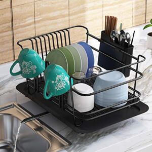 1Easylife Dish Drying Rack, Dish Drainer for Kitchen Rustproof Dish Rack and Drainboard Set with Removable Utensil Holder and Adjustable Swivel Spout, Countertop or in Sink Dry Rack (Black)