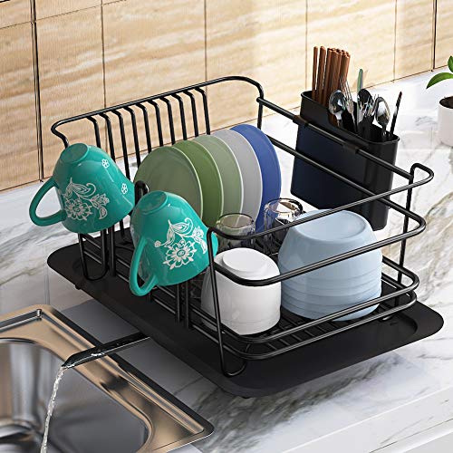 1Easylife Dish Drying Rack, Dish Drainer for Kitchen Rustproof Dish Rack and Drainboard Set with Removable Utensil Holder and Adjustable Swivel Spout, Countertop or in Sink Dry Rack (Black) | The Storepaperoomates Retail Market - Fast Affordable Shopping