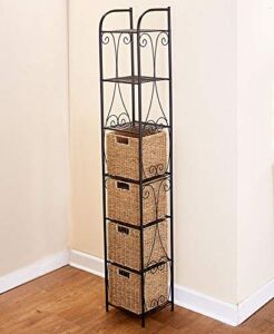 The Lakeside Collection Slim Seagrass Tower Shelving with Baskets for Extra Home Storage Space