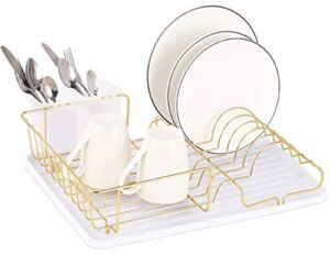 Buruis Dish Drying Rack, Gold Dish Drainer Organizer Includes Removable Drain Board and Utensil Holder, Large Capacity Metal Dish Racks for Kitchen (White)