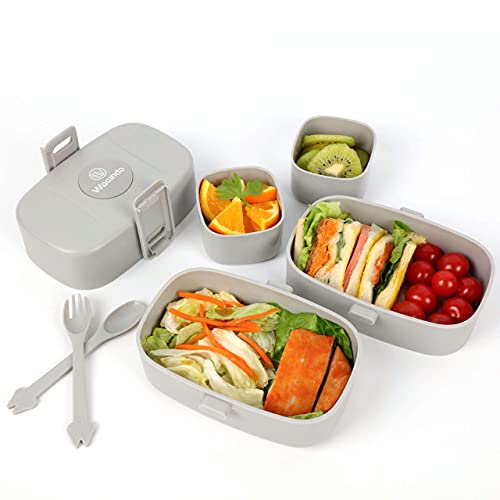Bento Lunch Box for Kids and Adults – 4 Lunch Containers with Leakproof Lids Latch Together for Easy Carry in a Backpack – Microwave and Dishwasher-Safe with Kid-Friendly Spoon and Fork (Gray) | The Storepaperoomates Retail Market - Fast Affordable Shopping