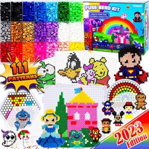 FunzBo Fuse Beads Craft Kit – 111 Patterns Melty Fusion Colored Beads Arts and Crafts Pearler Set for Kids – 5500 5mm Bead 9 pegboards for Boys Girls Age 5 6 7 Classroom Activity Gift (Large)