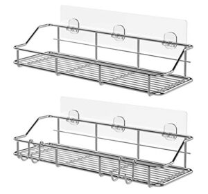 Adhesive Shower Caddy Shower Shelf Basket with Hooks, 304 Stainless Steel, 2 Pack (Silver)