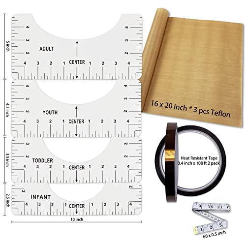T-Shirt Alignment Ruler Heat Resistant Tape 10mm X 33m 108ft, PTFE Teflon Transfer Sheet 16 x 20″ – 4 Rulers, 2 Rolls Heat Resistant Tape, 3 Packs PTFE Teflon Sheet and 1 Tape Measure Included | The Storepaperoomates Retail Market - Fast Affordable Shopping