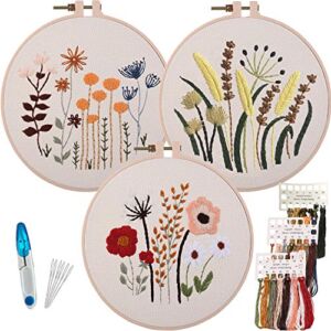 3 Sets of Beginner Embroidery Kits with 3 Patterns and 6 Needles, Needlepoint Kits for Adults ,Including Embroidery Floss,3 Plastic Hoops and 3 Cotton Fabric