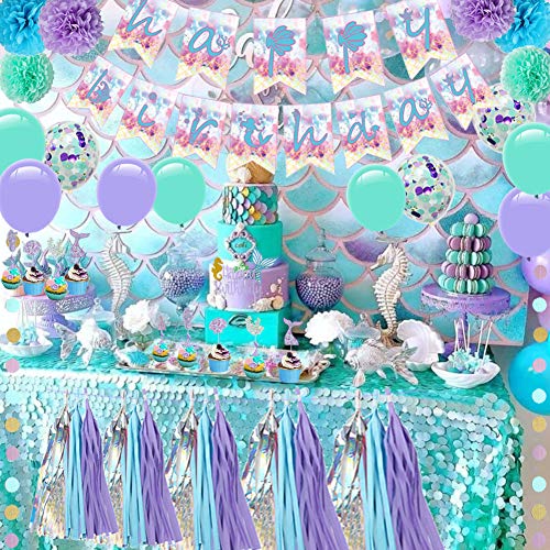 Mermaid Party Supplies – Girls Birthday Party Decorations, Contain a Mermaid Banner, 9 Tissue Pom Poms, 2 Foil Curtains, 15 Tissue Tassels, 2 Dot Garland, a Mermaid Table Cloth, 12 Cupcake Toppers and Balloons, Great for Girls Birthday Party | The Storepaperoomates Retail Market - Fast Affordable Shopping