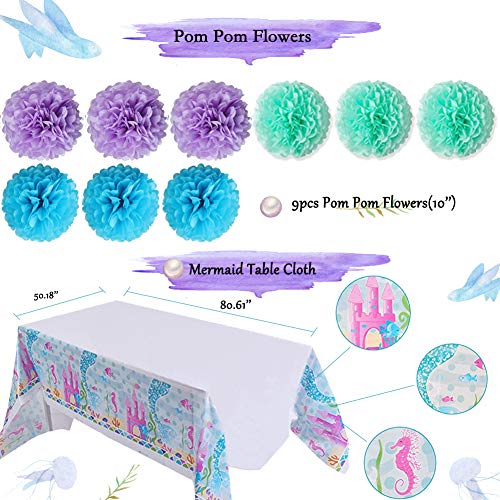 Mermaid Party Supplies – Girls Birthday Party Decorations, Contain a Mermaid Banner, 9 Tissue Pom Poms, 2 Foil Curtains, 15 Tissue Tassels, 2 Dot Garland, a Mermaid Table Cloth, 12 Cupcake Toppers and Balloons, Great for Girls Birthday Party | The Storepaperoomates Retail Market - Fast Affordable Shopping