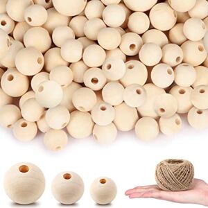 DICOBD 300pcs Wooden Beads 3 Sizes(16mm/20mm/25mm) Natural Unfinished Round Wood Beads Large with 20 Metre Jute Twine for Jewelry Making Home Farmhouse Decoration