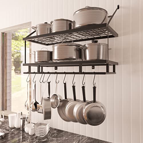 KES 30-Inch Kitchen Pot Rack – Mounted Hanging Rack for Kitchen Storage and Organization- Matte Black 2-Tier Wall Shelf for Pots and Pans with 12 Hooks – KUR215S75B-BK | The Storepaperoomates Retail Market - Fast Affordable Shopping