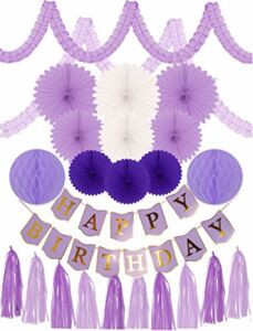 FIRST BIRTHDAY DECORATION SET Gold Cake Topper “One”, Purple Banner Fiesta Hanging Paper Fan Flower Bundle with Purple Happy Birthday Banner (Happy Birthday Decoration) 24 PC