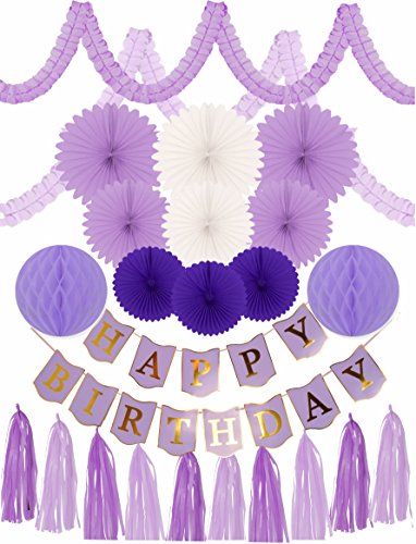FIRST BIRTHDAY DECORATION SET Gold Cake Topper “One”, Purple Banner Fiesta Hanging Paper Fan Flower Bundle with Purple Happy Birthday Banner (Happy Birthday Decoration) 24 PC | The Storepaperoomates Retail Market - Fast Affordable Shopping