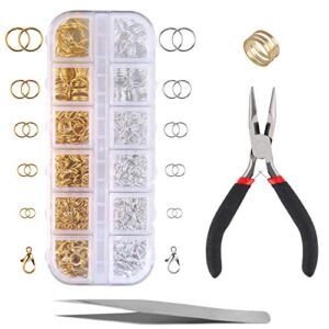 1200pcs Open Jump Rings and Lobster Clasps with Jump Ring Pliers, Perfect Jewelry Findings Kit for Jewelry Making Supplies and Necklace Repair