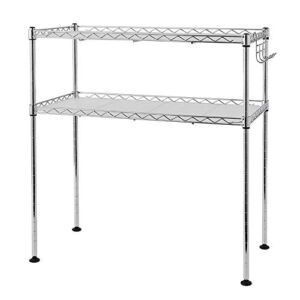 Goujxcy Kitchen Microwave Oven Rack Shelving Unit,2-Tier Stainless Steel Adjustable Storage Unit with 4 Hooks for Kitchen Utensils,Towels,and Accessories,Counter Organizer Chrome Silver