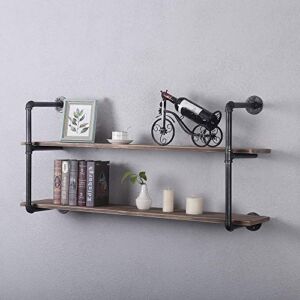 Industrial Pipe Shelving Metal Floating Shelves,Rustic Kitchen Wall Shelf Wood Hanging Shelf,48in Steampunk Large Pipe Shelves Wall Mounted,Bar Bookshelves Farmhouse Shelving Bookshelf (2 Tier)