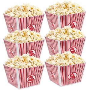 Hedume 6 Pack Popcorn Containers, Plastic Movie Theater Style Popcorn Container Set, Red & White Striped Classic Popcorn Boxes for Movie Night, Reusable (Square, 9″ x 9″ x 6″)