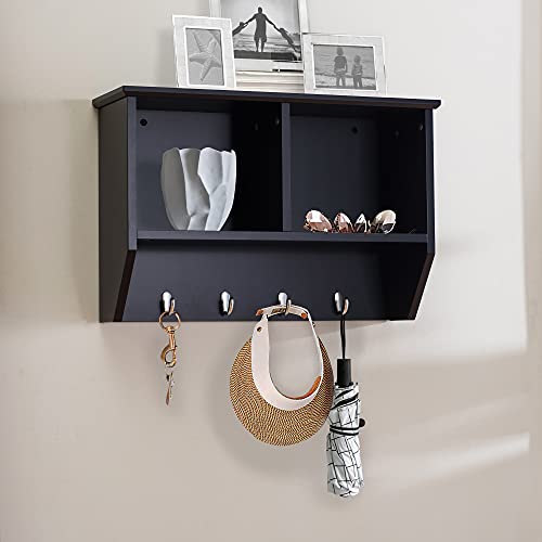 SJ COLLECTION Wood Floating Shelves for Wall Mount, Hanging Storage Shelf with Hooks for Bedroom, Living Room, Black | The Storepaperoomates Retail Market - Fast Affordable Shopping