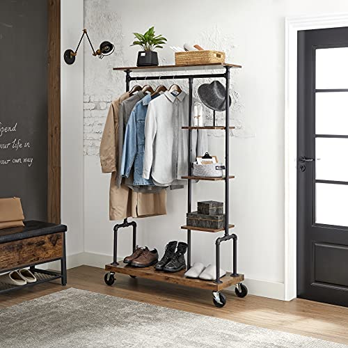VASAGLE Clothes Rack, Clothing Garment Rack on Wheels, Rolling Clothes Organizer with 5-Tier, Industrial Pipe Style, Rustic Brown UHSR66BX | The Storepaperoomates Retail Market - Fast Affordable Shopping