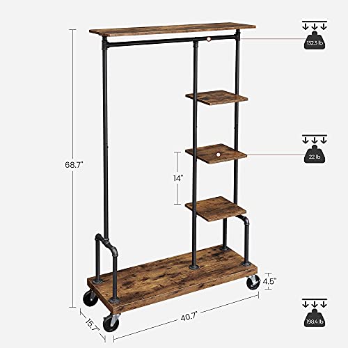 VASAGLE Clothes Rack, Clothing Garment Rack on Wheels, Rolling Clothes Organizer with 5-Tier, Industrial Pipe Style, Rustic Brown UHSR66BX | The Storepaperoomates Retail Market - Fast Affordable Shopping