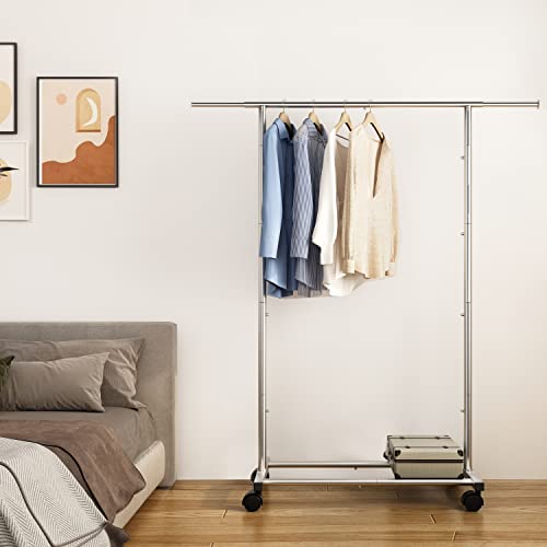 Simple Trending Clothing Garment Rack with Wheels and Bottom Shelves, Extendable, Chrome | The Storepaperoomates Retail Market - Fast Affordable Shopping