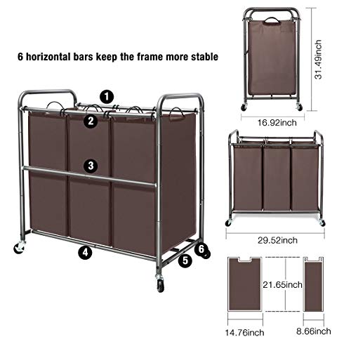 STORAGE MANIAC 3 Section Laundry Sorter, 3 Bag Laundry Hamper Cart with Heavy Duty Rolling Lockable Wheels and Removable Bags, Laundry Organizer Laundry Basket Laundry Clothes Separator Hamper, Brown | The Storepaperoomates Retail Market - Fast Affordable Shopping