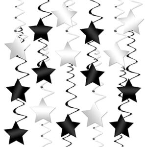 Black and Silver Star Hanging Swirls – Pack of 32 | Silver and Black Star Hanging Swirl for Black and Silver Party Decorations, Raiders Party Decorations | Hanging Black and White Party Decorations