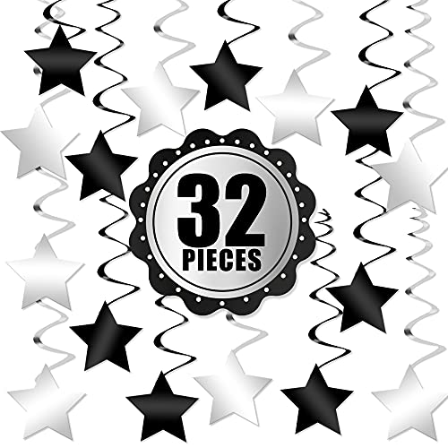 Black and Silver Star Hanging Swirls – Pack of 32 | Silver and Black Star Hanging Swirl for Black and Silver Party Decorations, Raiders Party Decorations | Hanging Black and White Party Decorations | The Storepaperoomates Retail Market - Fast Affordable Shopping