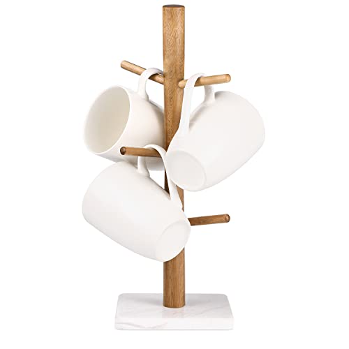 Buruis Wood Mug Holder, Marble Base Cup Rack Tree, Mug Stand Hanger, Kitchen Coffee Mug Tree Countertop Tea Cups Holder Stand, Coffee Cup Dryer with 6 Hooks | The Storepaperoomates Retail Market - Fast Affordable Shopping