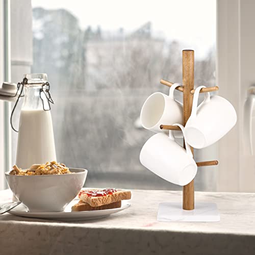 Buruis Wood Mug Holder, Marble Base Cup Rack Tree, Mug Stand Hanger, Kitchen Coffee Mug Tree Countertop Tea Cups Holder Stand, Coffee Cup Dryer with 6 Hooks | The Storepaperoomates Retail Market - Fast Affordable Shopping