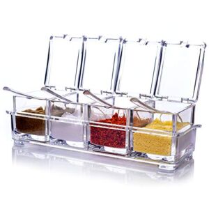 ME.FAN Clear Seasoning Rack Spice Pots – 4 Piece Acrylic Seasoning Box – Storage Container Condiment Jars – Cruet with Cover and Spoon