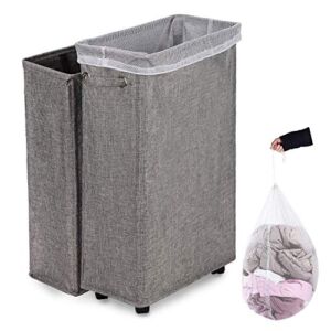 Laundry Hamper, Caroeas 27″ Burlap Rolling Laundry Hamper Collapsible Tall & Slim Laundry Basket with Breathable Wash Bag Waterproof & Dustproof Laundry Cart on Wheels (Grey Linen)