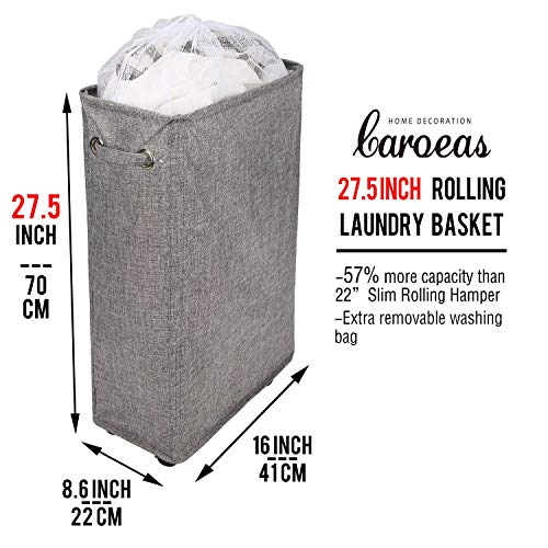 Laundry Hamper, Caroeas 27″ Burlap Rolling Laundry Hamper Collapsible Tall & Slim Laundry Basket with Breathable Wash Bag Waterproof & Dustproof Laundry Cart on Wheels (Grey Linen) | The Storepaperoomates Retail Market - Fast Affordable Shopping