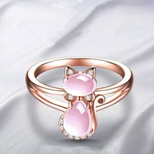 patcharin shop Women Rose Gold Pink Stone Cat Rings White Crystal Animal Finger Rings Jewelry (6)