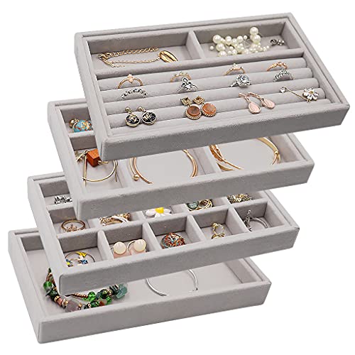 MINGRI Stackable Jewelry Organizer Trays Drawer Inserts ,Velvet Earring Display Trays, Box Ring Holder Necklace Case, Storage for Bracelet Brooch Watch, Set of 4 (Gray) | The Storepaperoomates Retail Market - Fast Affordable Shopping