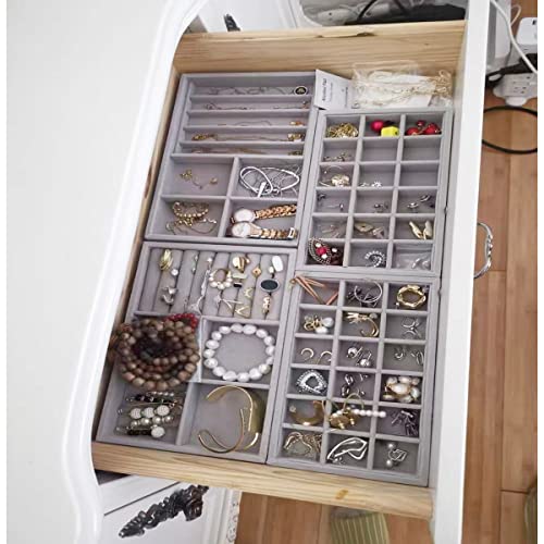 MINGRI Stackable Jewelry Organizer Trays Drawer Inserts ,Velvet Earring Display Trays, Box Ring Holder Necklace Case, Storage for Bracelet Brooch Watch, Set of 4 (Gray) | The Storepaperoomates Retail Market - Fast Affordable Shopping