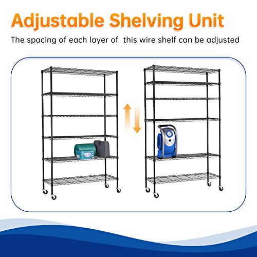 Storage Shelves 2100Lbs Capacity, 6-Shelf on Casters 48″ L×18″ W×72″ H Commercial Wire Shelving Unit Adjustable Layer Metal Rack Strong Steel for Restaurant Garage Pantry Kitchen,Black | The Storepaperoomates Retail Market - Fast Affordable Shopping