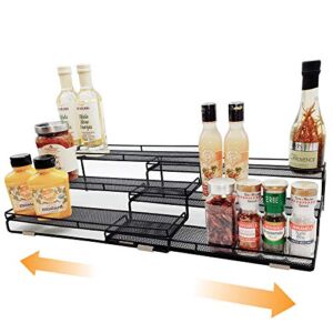DOTORYDESIGN 3 Tier Wide Expandable Cabinet Spice Rack Organizer (14.5″ to 29.1″) – Step Shelf with Protection Railing, Black