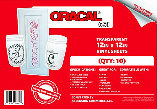 (10 Sheets) Oracal 651 Transparent Adhesive Craft Vinyl for Cricut, Silhouette, Cameo, Craft Cutters, Printers, and Decals – 12″ x 12″ – Gloss Finish – Outdoor and Permanent | The Storepaperoomates Retail Market - Fast Affordable Shopping