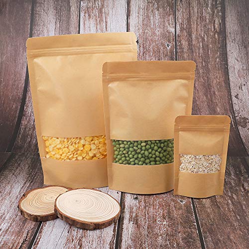 Moretoes 72pcs Stand Up Pouches, Kraft Paper Bags with Window, Coffee Bags, Brown Resealable Bags, Ziplock Stand Up Bags for Home or Business, 5.9×8.6 Inches Sealable Bags for Packaging | The Storepaperoomates Retail Market - Fast Affordable Shopping